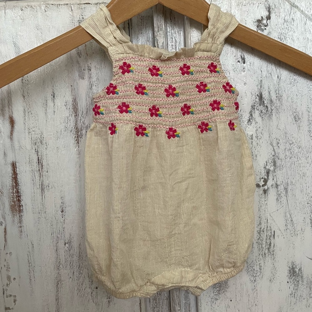 Hatley Baby Romper, Gold with Embroidered Pink Flowers, 3-6 months